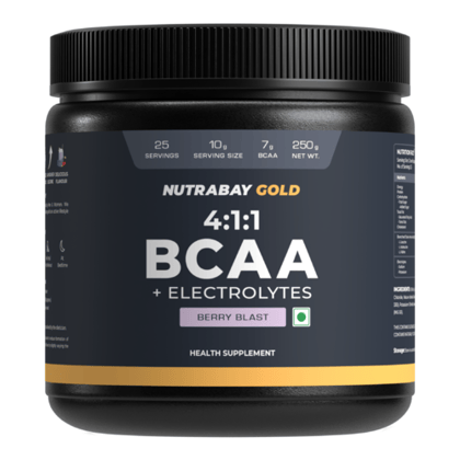 Nutrabay Gold BCAA 4:1:1 with Electrolytes - 7g Vegan BCAAs, 1000 mg Electrolytes - Intra/Post Workout Energy Drink - 300g Berry Blast