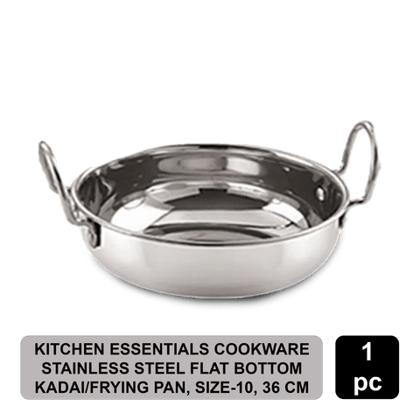 Kitchen Essentials Cookware Stainless Steel Flat Bottom Kadai/Frying Pan Size 10 36 cm Box, 1 Unit