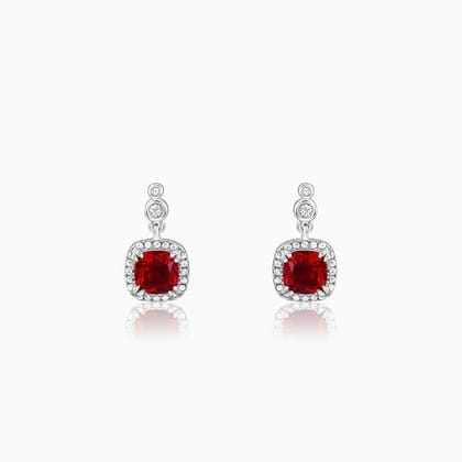 Silver Ruby Red Halo Earrings