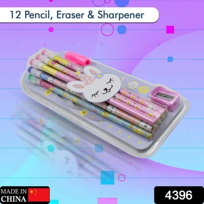 4396 Cute Rabbit Bear Drawing Graphite Writing Pencil Set with Pencil Sharpener & Eraser, Pencil and Eraser Set with Eraser for Kids, for Girls, Fancy School Stationary (14 Pc Set)