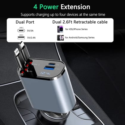 4in1 Fast USB C Car Charger 120W with Dual Retractable Cable Dual USB Ports, Voltage Display Car Charger