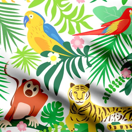 Fun Joyful Jungle Animals on White-Cotton