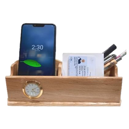 Shayona Wooden Mobile And Pen Stand With Clock, For Office Desktop DW 1409