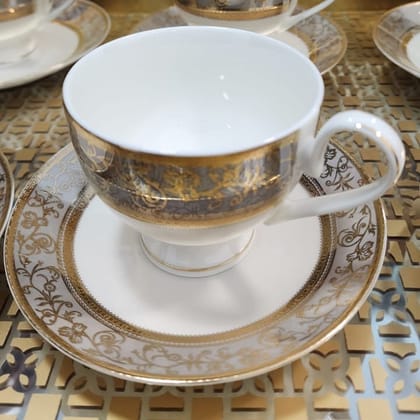 Luxury Embossed Gold Plated Cup & Saucer Royal Style Bone China, Set Of 6 (MADE IN JAPAN)-GREY