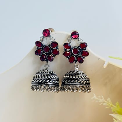 Floral Silver Replica Jhumki-Red