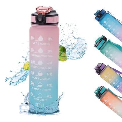 Homestic Motivational Water Bottle with Time Marker  Sipper Water Bottle for Kids  Adults with Straw  For Gym Home Office  School  Pink Blue -1 L-Homestic Motivational Water Bottle with Time Mark