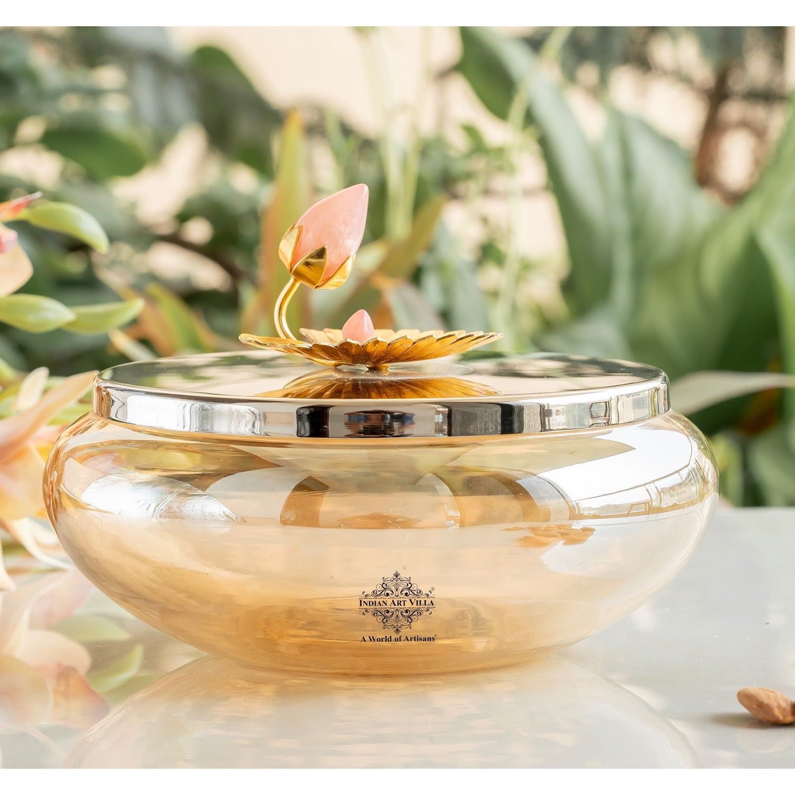 Indian Art Villa Silver Plated Decorative Bowl with Lotus Bird Flower Design – Elegant Bowl for Table Décor, Serving Snacks, Dry Fruits