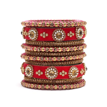 Gajri Color Thread Bangle Set: 2.12-Bangles Size: 2.12 / Red / Alloy With Good Quality Gold Plated