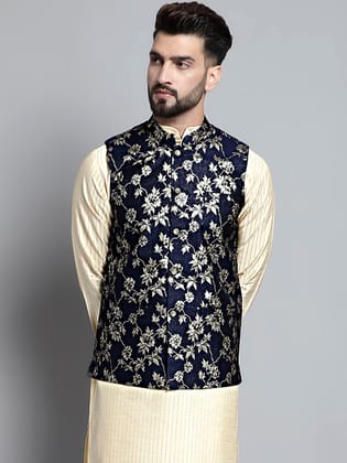 Men's Woven Design Nehru Jacket-S / Navy-Blue