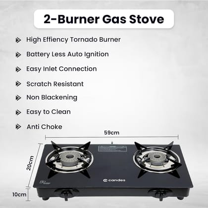 Candes Glass Gas Stove, 2 Burners, Die Cast Alloy, Toughened Glass, Nylon Knob, LPG, ISI Certified, 1 Yr Warranty, Black-Candes Glass Gas Stove, 2 Burners, Die Cast Alloy, Tornado Burner, 6mm Tou