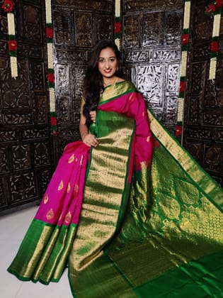 Pure Gadwal Silk Mejenta Pink Green Saree
