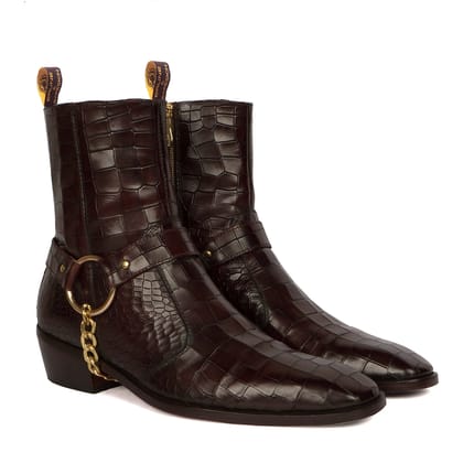 Dark Brown High Ankle Hand Made Side Zip Leather Boots With Stylish Golden Chain-40/6