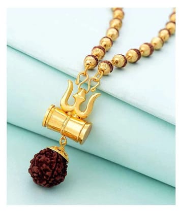 AMG-Kavach 5 Mala With Shiv Trishul & Damru Wood Shiv 5 Mukhi Rudraksha Wood Locket - Golden