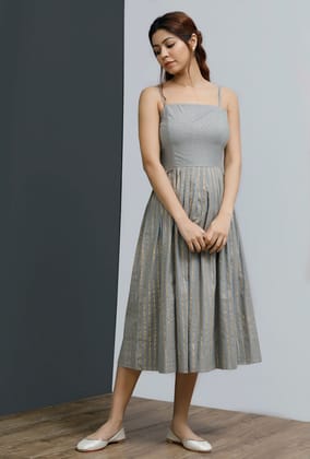 Strappy Grey Block Printed Pleated Dress-XS