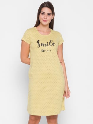 Yellow & Black Printed Pure Cotton T-Shirt Nightdress