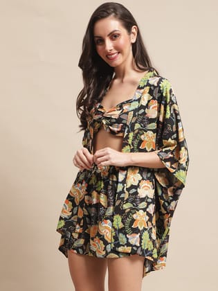 Black Floral Printed Viscose Rayon 3 pcs Coverup Set With Robe Beachwear For Woman-S