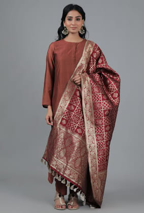 Gold & Maroon Bandhani Brocade Dupatta