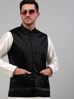 Men's Embroidered Nehru Jacket-S / Black