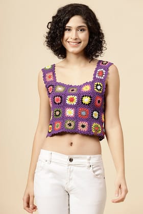 Ajoobaa "Granny Square" Crochet Top-Purple-S