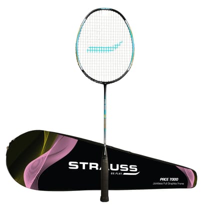 Strauss Pace-7000 Full Graphite Badminton Racquet, 90g, Lightweight, Enhanced Grip, for Professionals & Beginners, with Carry Bag, Blue, Strung.-Strauss Pace-7000 Full Graphite Badminton Racquet 