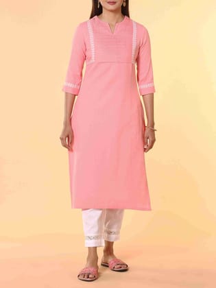 Pink cotton flax kurti with embroidery
