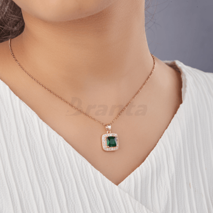 Green Square Crystal Pendant Rose Gold Necklace For Women