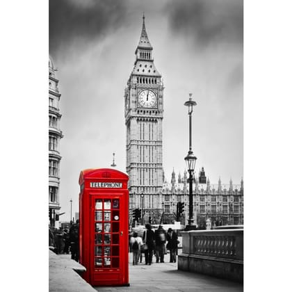 Pitaara Box Red Telephone Booth & Big Ben In London England UK D1 Canvas Painting Synthetic Frame-MDF Mount Frame / 14inch x 21inch (35.6cms x 53.3cms)