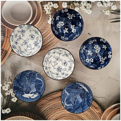 Ceramic - 6 Bowls - Gift Set - Japanese Blue Floral - Rice, Salad, Soup, Fruit Bowl 102