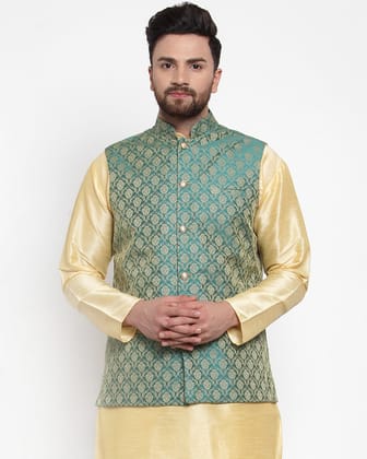 Jompers Men Green-Coloured & Golden Woven Design Nehru Jacket-XXL / Green