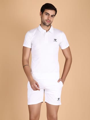 Mens Dryfit Sports SS Collar T-Shirts & Shorts Combo Set-OFF WHITE / M