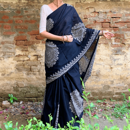 Exquisite Black Handwoven Chanderi Cotton Saree