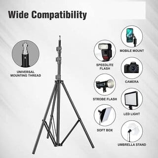 Digimate 6 Feet Height Adjustable Aluminum Alloy Portable Light Stand for Ring Light Tripod Ball Head  (Black, Supports)