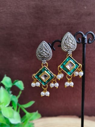 Silver Replica Earrings with Kundan and Pearls for Elegant Style | Sarichka-Green