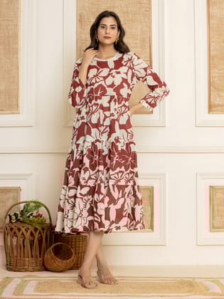 Graceful Maroon Tiered Cotton Dress-M