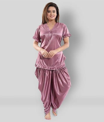 Gangomi - Pink Satin Womens Nightwear Nightsuit Sets - Free Size