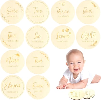 American Elm 12 Pcs Baby Milestone Cards, Baby Gift Sets Round Wooden Baby Monthly Milestone Cards or Newborn