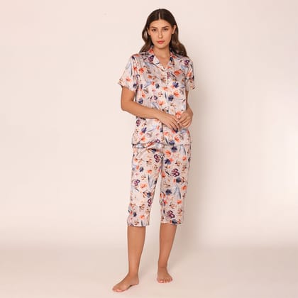 Women's Satin Floral Fantasy Night Suit Set of Shirt & Capri S