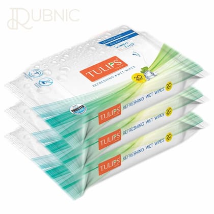 TULIPS Refreshing Wet Wipes - Summer Fresh with Green Tea Leaf Extract pack of 3 20 wipes each