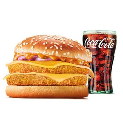 Crispy Veg Double Patty Burger With Double Cheese Slice+Cola Medium.