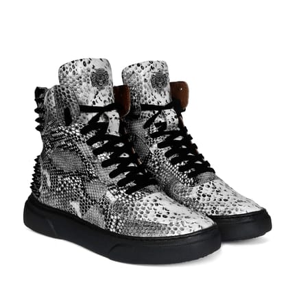 Black-White Sneaker with Stud Detailing Snake Print Leather-40/6