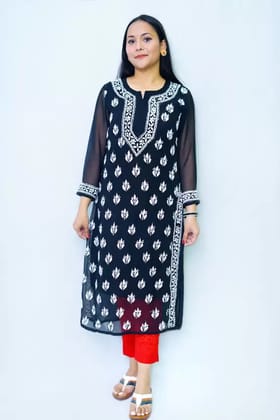 Black White Chikankari Kurta For Women-Small