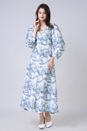 The Neofaa Effect: The Toile Print Dress-XXL / White,Blue / DR0080-DPLZ000297-3-PLGT0001-2.5-NIL-NIL-THW01-NIL-ZPH008-NIL-NIL-NIL-NIL-NIL