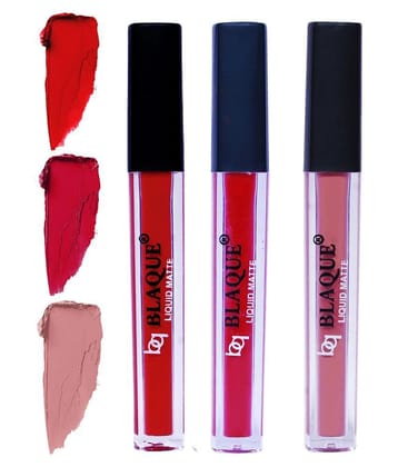 bq BLAQUE Matte Liquid Lipstick Combo of 3 Lip Color 4ml each, Waterproof - Red, Dark Pinkish Red, Light Nude Brown