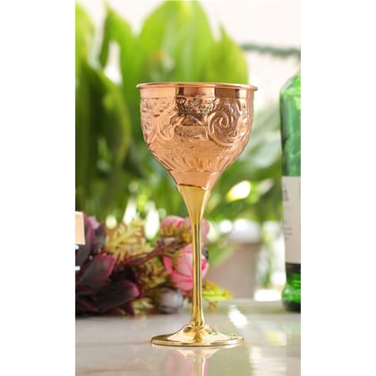 IndianArtVilla Handcrafted Pure Copper Wine Glass with Brass Stand, Embossed Design-1