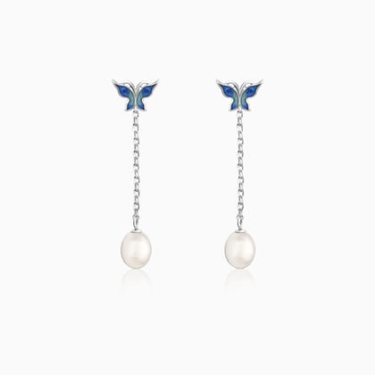 Silver Butterfly Pearl Dangle Earrings