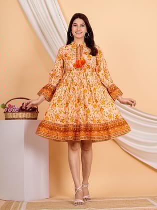 Orange  Flowy Floral Cotton Dress-S