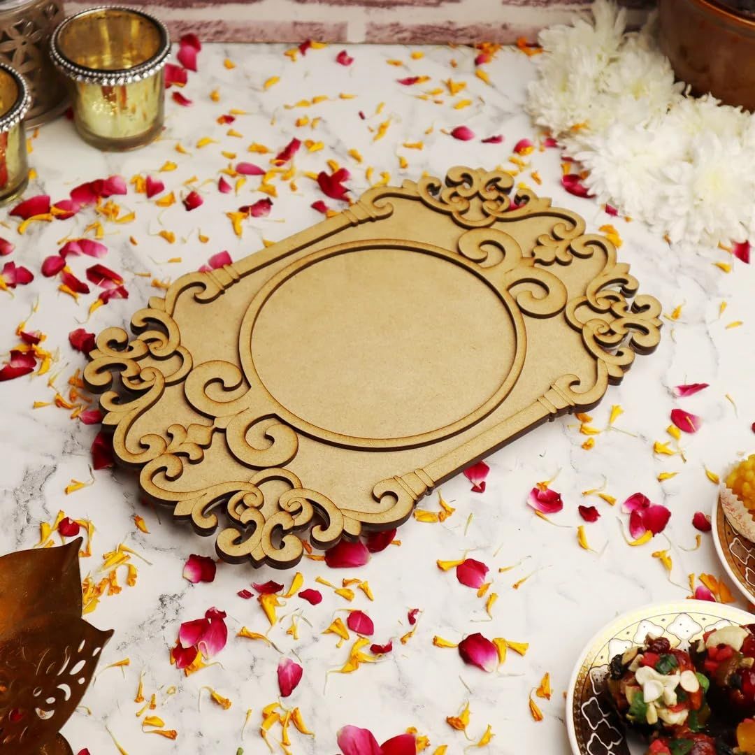 American Elm MDF Wood Pooja Thali Serving Platter - 11x7 Inches - Handcrafted Design, Wooden Pooja thali Decorative Traditional Plate