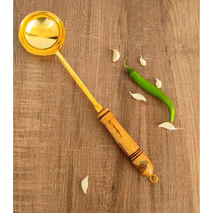 Indian Art Villa Pure Brass Gold Ladle With Wooden Handle - Length - 35.05 cm