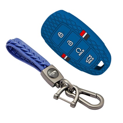 Keyzone striped silicone key cover & keychain for i20, Verna 2023 onwards 4 button smart key (KZS-25, Leather Woven Keychain)-Blue