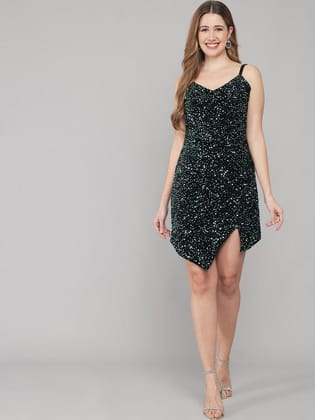 Green Deep Neck Sequins Bodycon Dress-Green / M